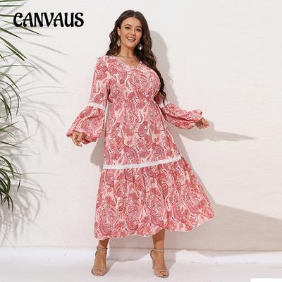 Jarní a podzimní dámské etnické šaty plus size s potiskem patchwork V-výstřih dlouhé šaty