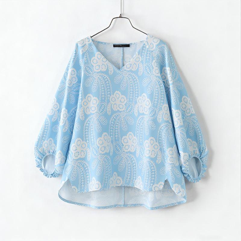 

ZANZEA Women V-Neck Long Sleeve Loose Casual Print Blouse 5XL светло-синий