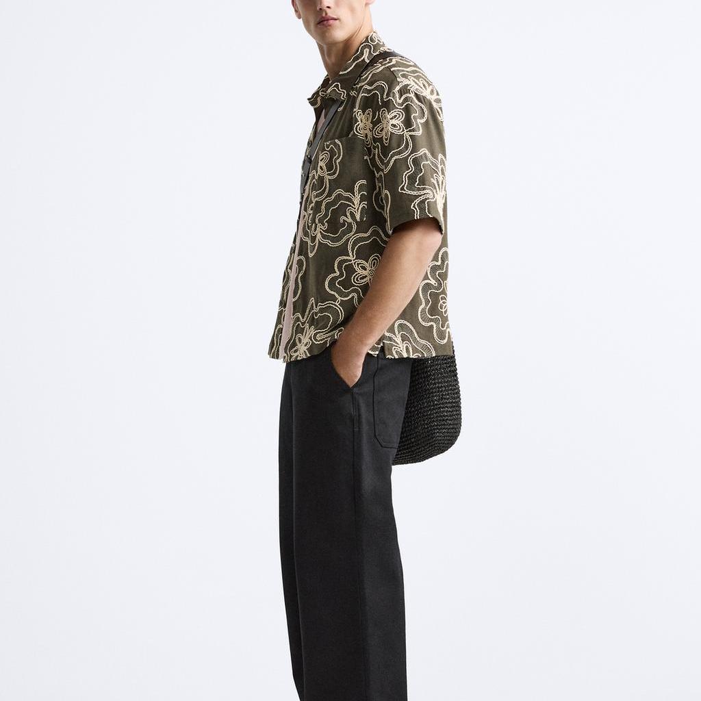 Zara Loose Floral Print Collared Short Sleeve Shirt Men shirts Dark-Khaki 9860330-507