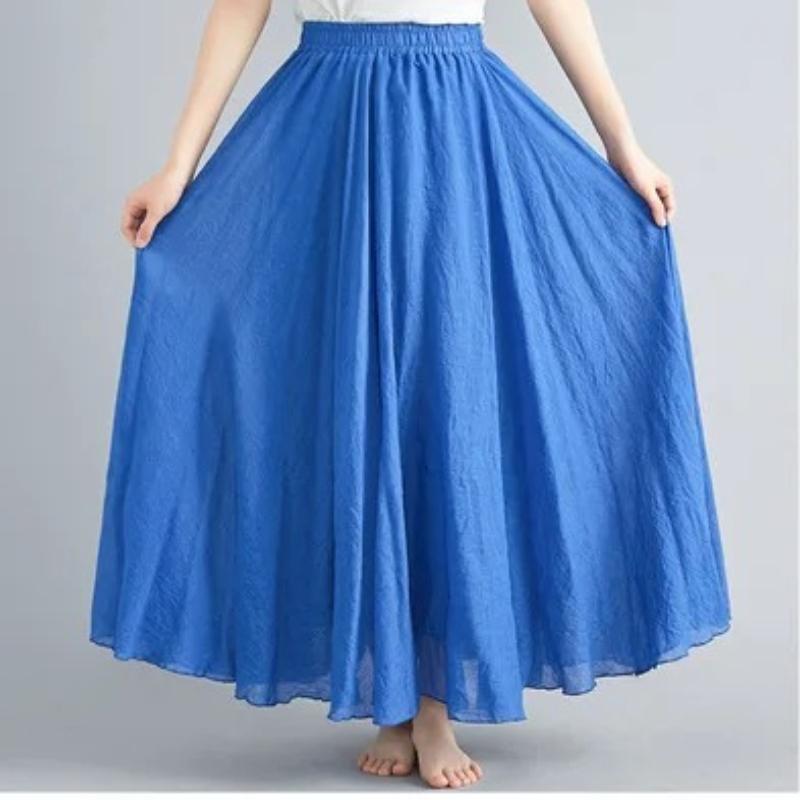 Women Linen Cotton Long Skirts Elastic Waist Pleated Maxi Skirts Beach Boho Vintage Summer Skirts Faldas Saia