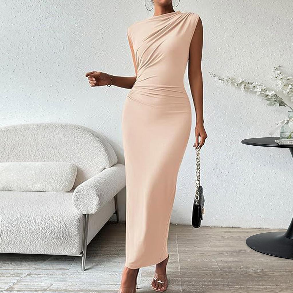 Women's Casual Sexy Solid Color Sleeveless Back Slit Pleated Tight Fitting Dress