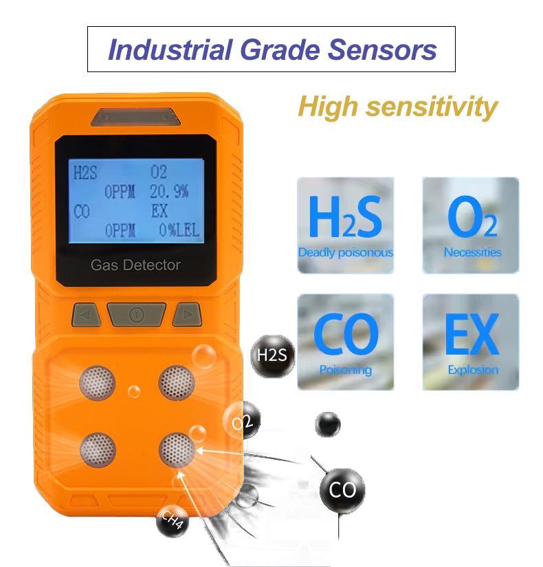 Handheld Portable High Precision 4-in-1 Gas Detector - Combustible & Toxic Hazardous Gas Meter O2 CO H2S Analyzer Rechargeable