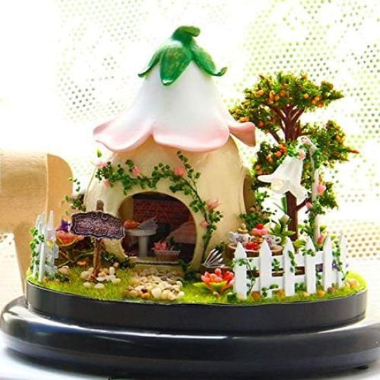 CUTEROOM DIY Miniature Dollhouse Model Kit with Plastic LED Lights Music Box Dome, & Built-in