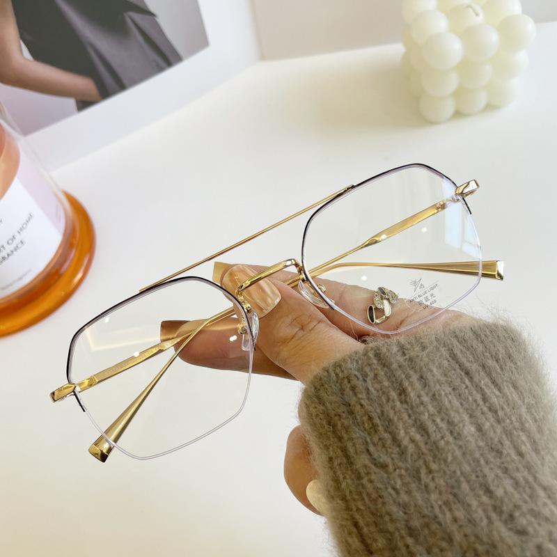 Trend Chan Weiting Same Male Metal Double Beam Half Frame Anti-Blue Glasses Thin Face Flat Glasses Glasses Frame Female