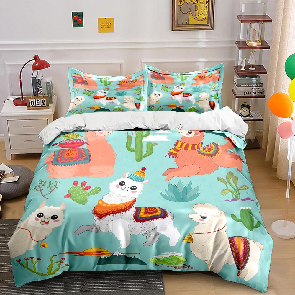 Cute Alpacas Cacti Illustration Bedding Set For Kids Luxury Gift 3Pcs Digital Print Comforter Set Soft Comfortable Breathable