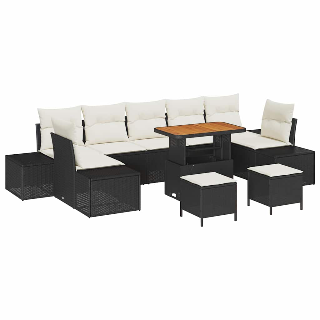 10 Piece Black Poly Rattan Garden Sofa Set with Cushions