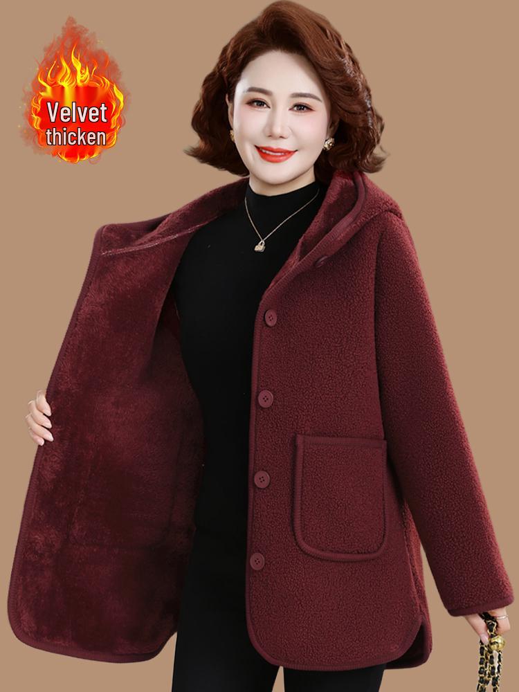 Mom's Fashionable Winter Hooded Fleece Lined Cotton Jacket for Middle-Aged & Elderly Women