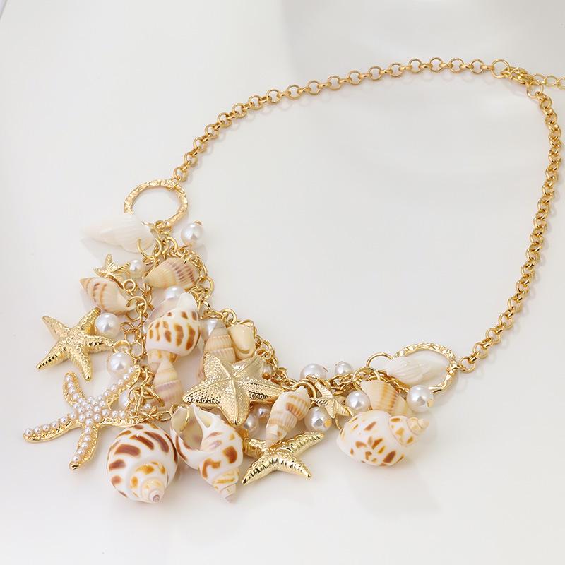 Summer Beach-Themed Conch & Starfish Shell Necklace for Women