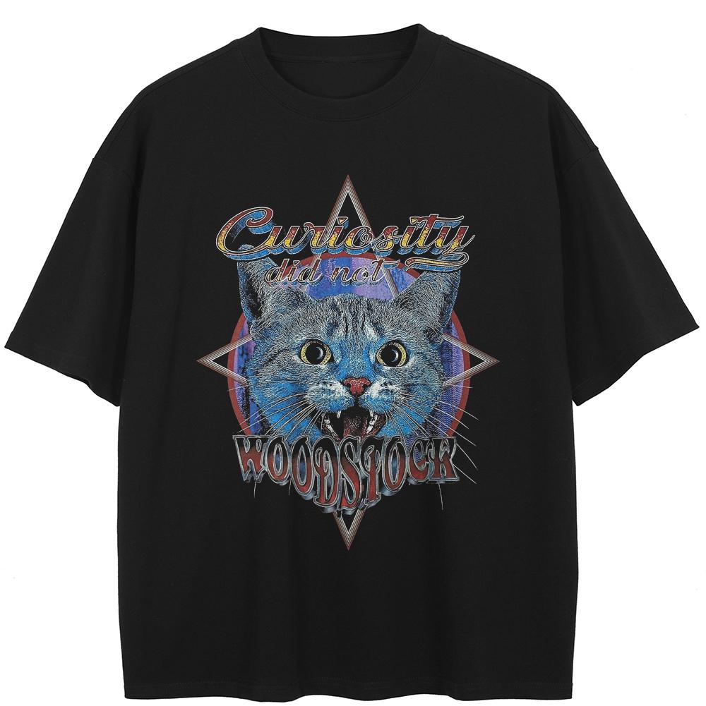 

Футболка с рисунком кота в уличном стиле, черная футболка из хлопка, стираная, унисекс, топы, футболки, летняя футболка с короткими рукавами S чёрный