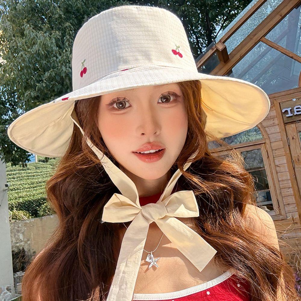 Lace Summer Sun Hat Double Sided Wearable Embroidered Cherry Bucket Hat Outdoor