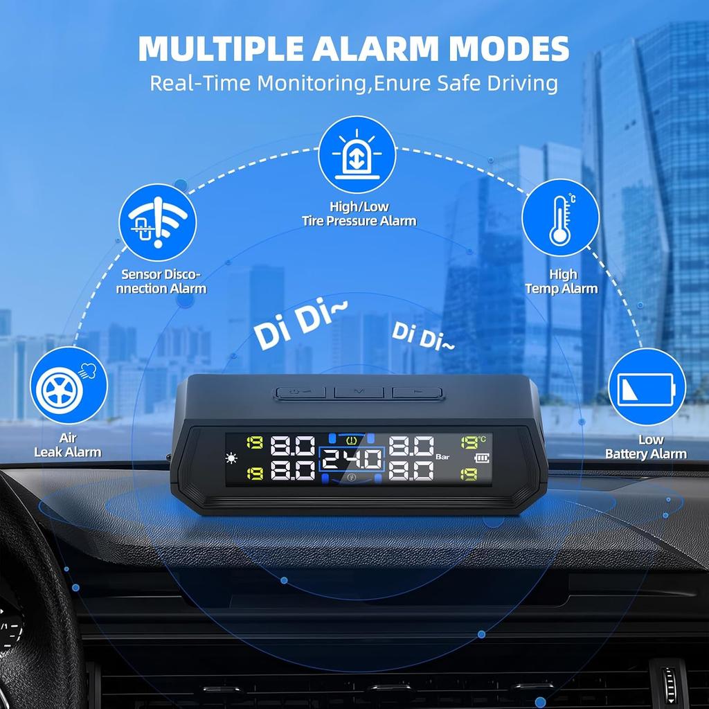 Universal T17 USB/solar TPMS 433.92MHz Sensor 0-5 Bar Car Safety Alarm System Car Tire Pressure Monitoring System Car Interior Temperature Display