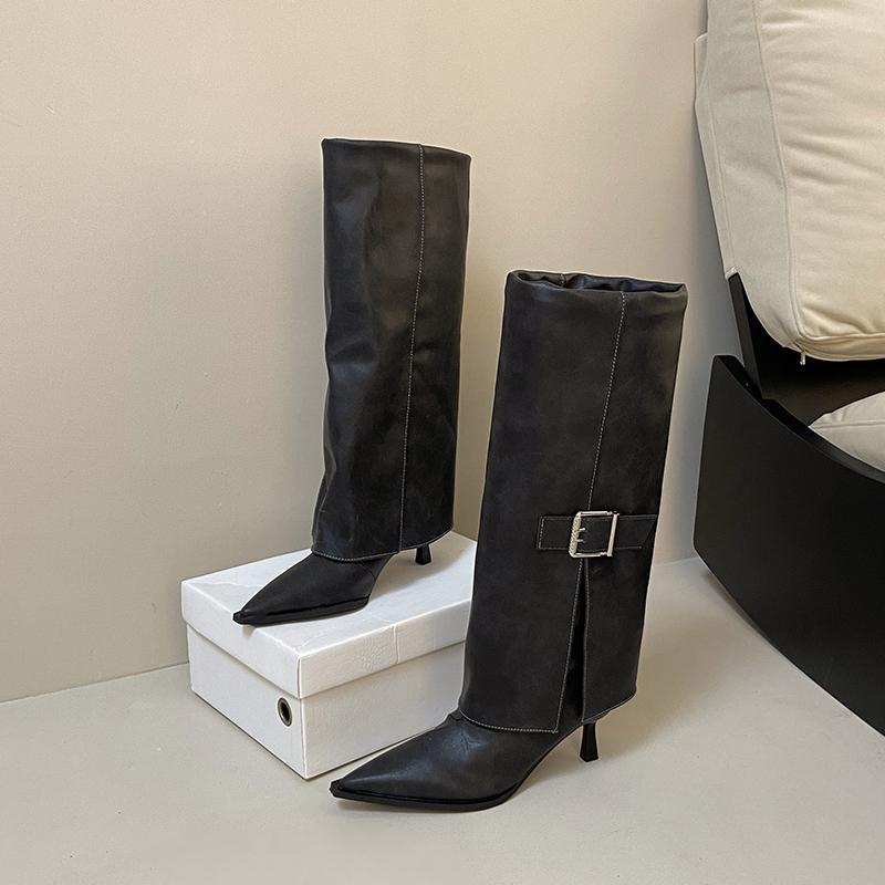 Fashion High Boots Seek The Limit. Look At Pointed Toe Sleeve Metal Buckle Non-slip and Wear-resistant Thin Heel Boots