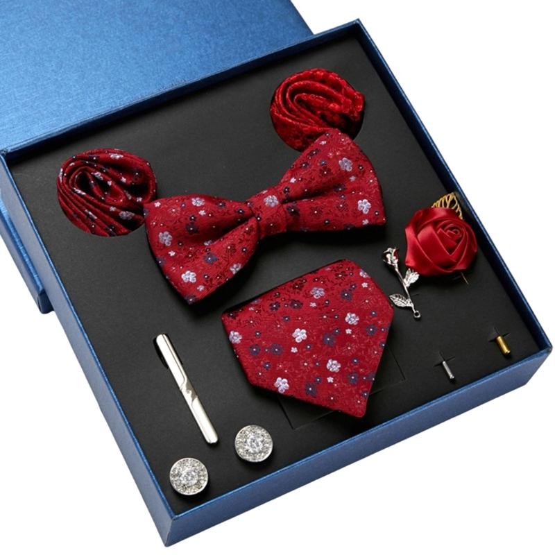 Pack of 9 Men's Floral Tie Set with Pocket Square Tie Clip Brooch Accessories for Formal Occasion Holiday Gift Supply
