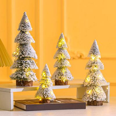 Desktop Miniature Snow Pine Tree with Wooden Base Simulation Pine Needle Mini Christmas Tree Ornament Photography Props Winter Holiday Home