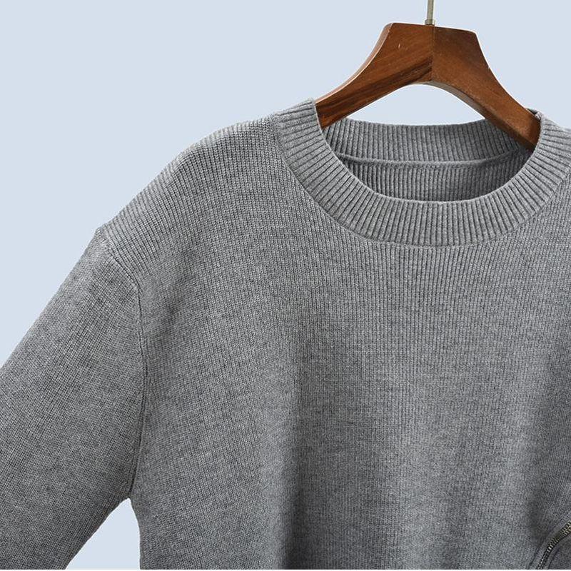 Round Neck Side Loose Zip Long Sleeves Autumn and Winter Knitting Sweater Pullover Bottoming Shirt Asymmetrical Women's Clothing Tops