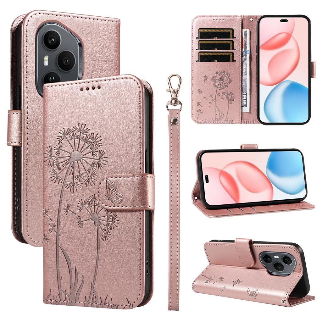 For Honor 400 Pro 5G (Global) Lommebokdeksel i lær med stropp Løvetannavtrykk Telefonstativdeksel