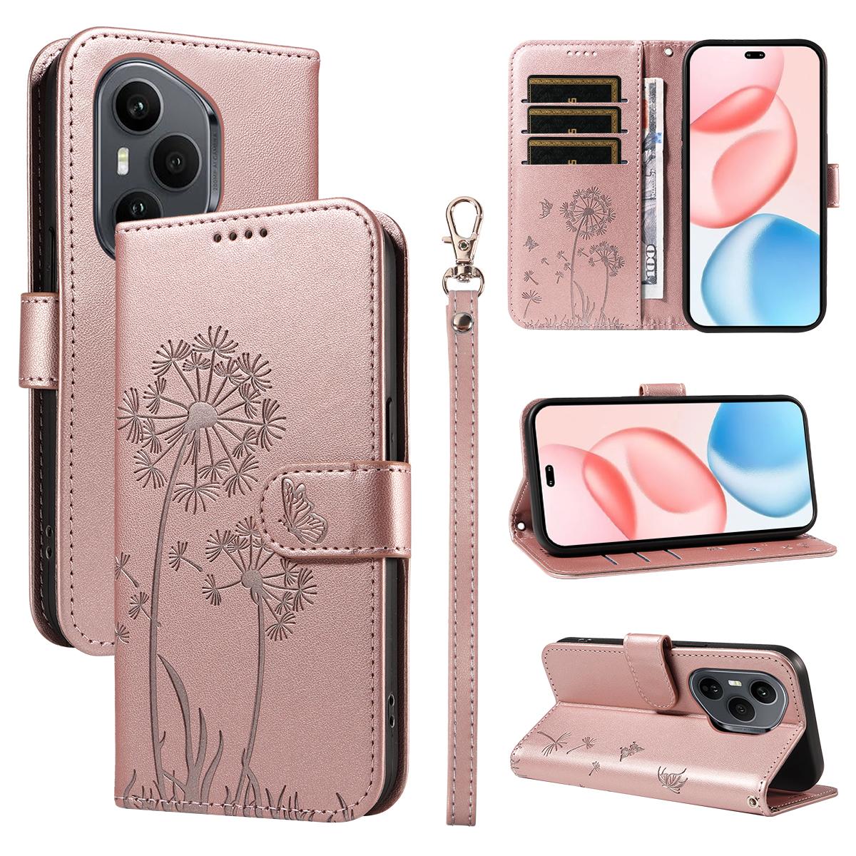 

Для Honor 400 Pro 5G (Глобальный) Кожаный чехол-кошелек с ремешком, тиснение «Одуванчик», подставка для телефона Rose Gold