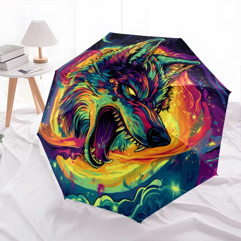 Roaring Wolf  Pattern, Automatic Folding Umbrella, Portable and Foldable Design, 8 Ribs, a Christmas or Birthday Gift.