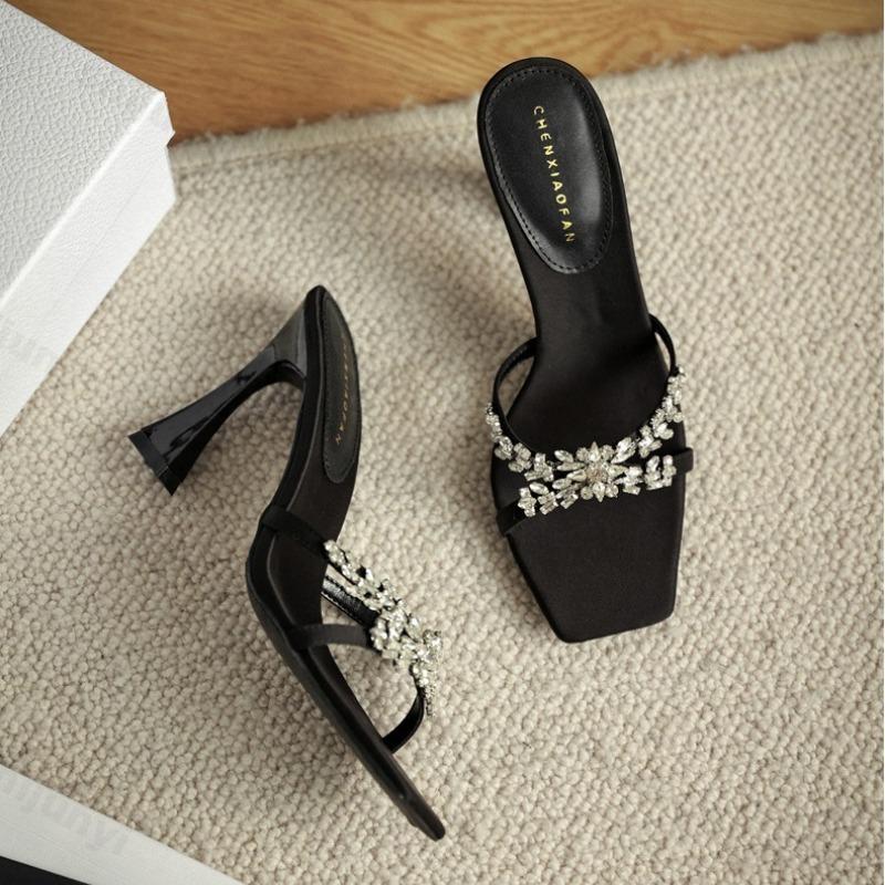 Woman High Heel Slippers Luxury Crystal Cross Strap Square Open Toe Stiletto Sandals Summer Fashion Versatile Slip on High Heels