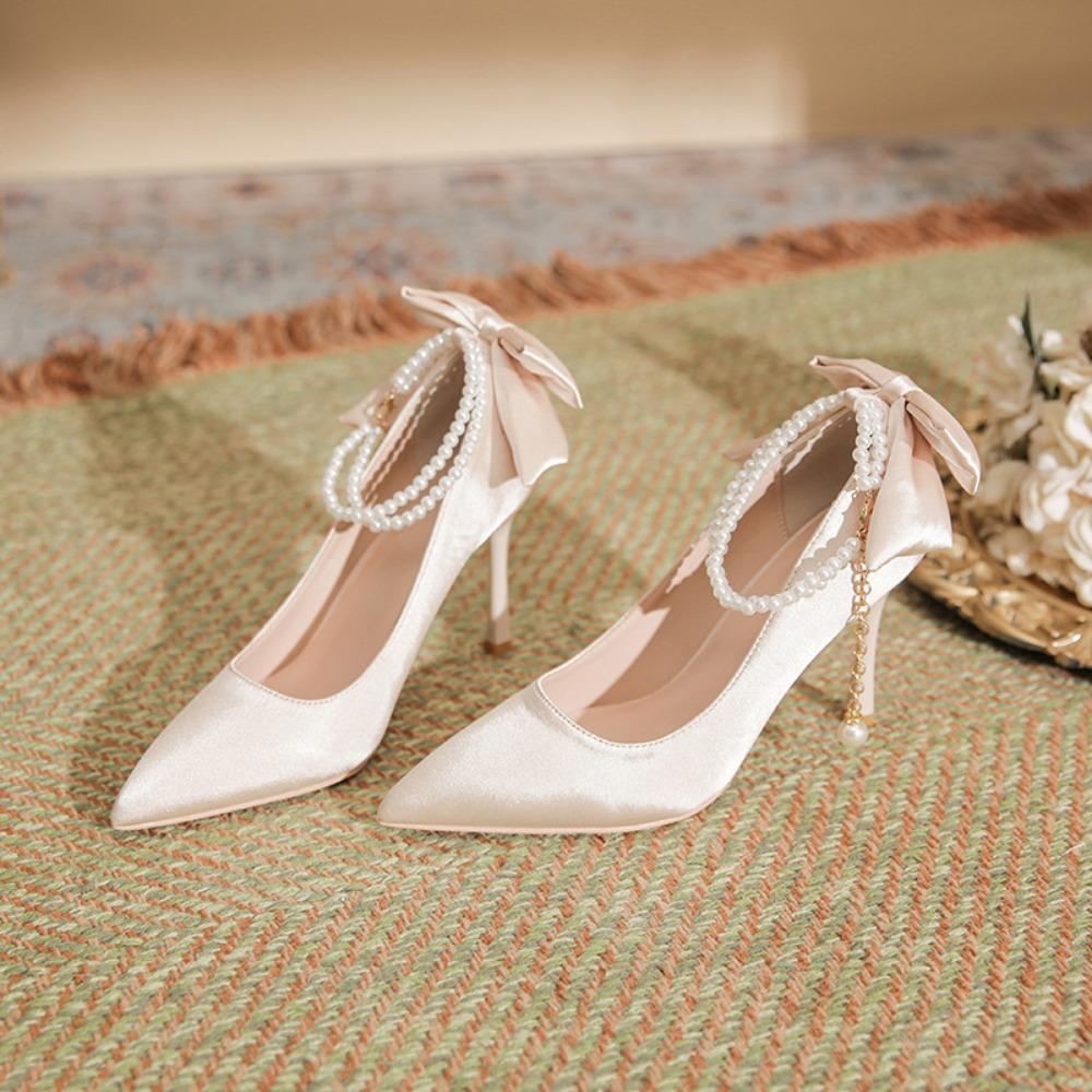 Fashion High Heels for Women Thin Heel Pointed Toe Straight Pearl Buckle with Bow Silk Fabricplus Size Women's Shoes Pumps White Heels