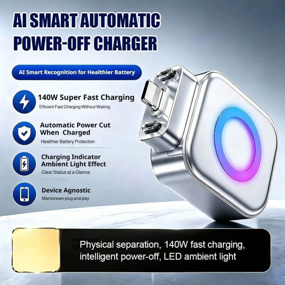 2-pack 140W AI smart automatic stop charging adapter, USB-C auto power-off fast charger, with AI full-charge power-off function, plug and play