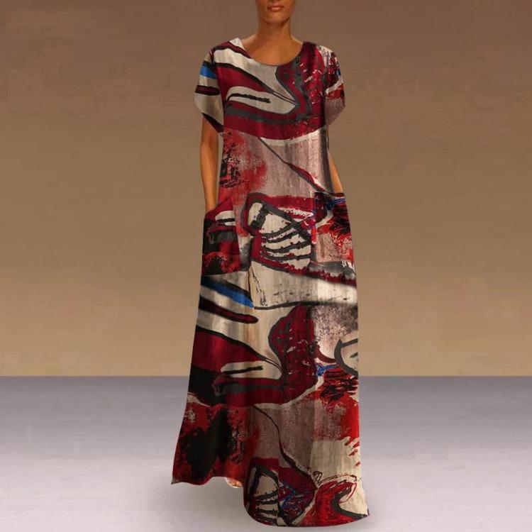 

Богемна жіноча сукня Довга Вільна талія Принт Кишеня Круглий виріз Весна Літо Національний стиль Розміри S до 5XL 5XL червоний