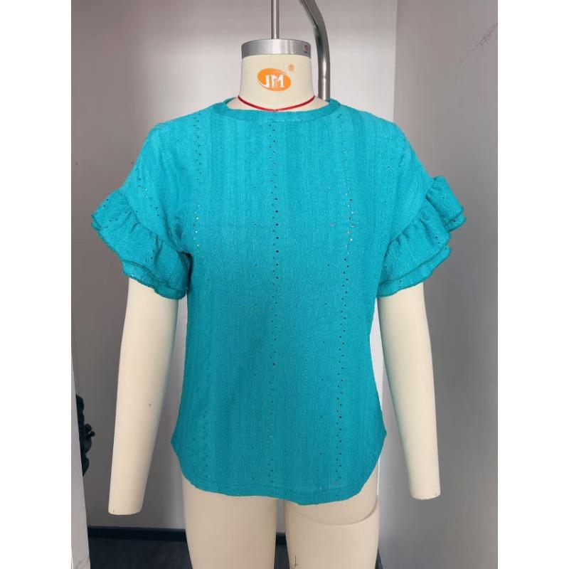 Einfarbige Rundhals Kurzarm Strukturierte Damen T-Shirts