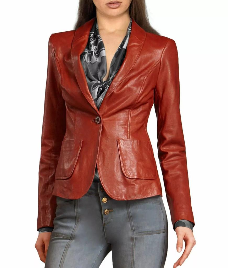 New Women's Genuine Soft RED Lambskin Leather Handmade Blazer Hot Slim Fit Designer