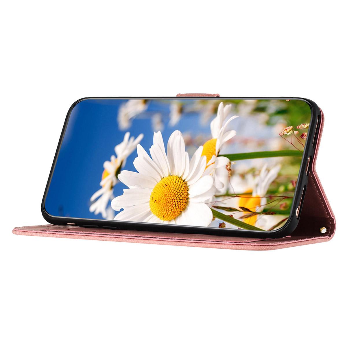 

For Samsung Galaxy S23 Ultra PU Leather Case Flower Pattern Printing Card Holder Phone Stand Cover Pink