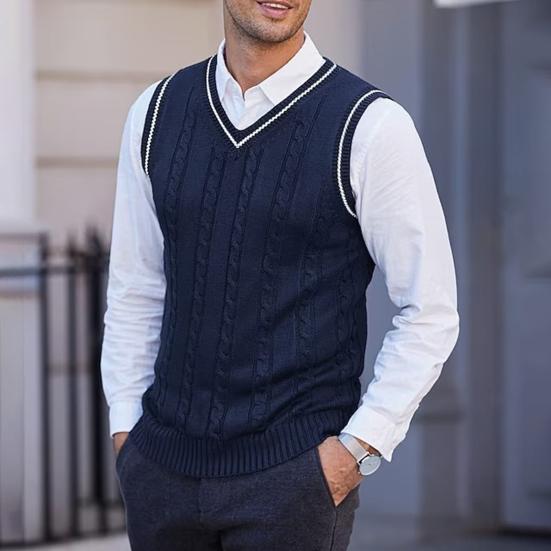 Pánská vesta svetr s výstřihem do V bez rukávů Slim Fit Colorblock Pletený svetr Slim Fit Střední délka Zahuštěný svetr preppy a business stylu