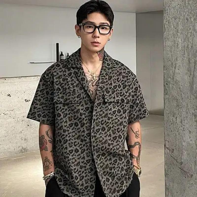 Herren Kurzarmhemd mit Leopardenmuster Kubanischer Kragen Oversized Lässig Streetwear Für Tägliche Partykleidung