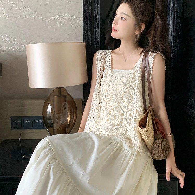 Trendy White Hollow Camisole Dress Set: Flattering Two-Piece Layered Vest & Dress