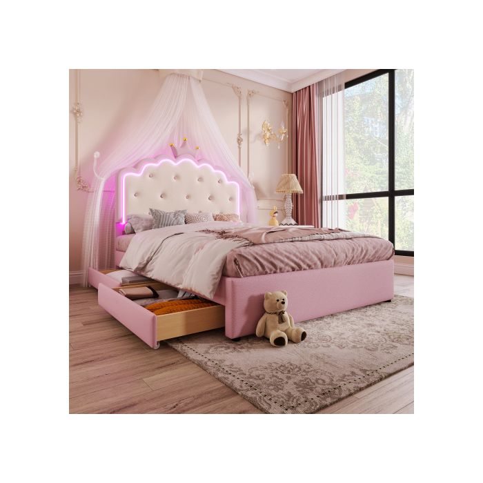 Lit gigogne - MUVOE - 140 x 200 cm - Rose - 2 tiroirs - LED réglable