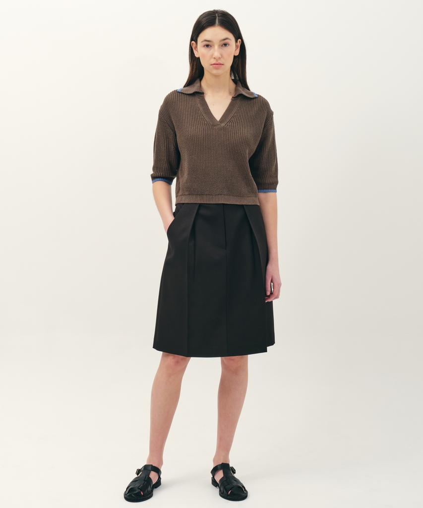 JUN BY JUN K V-Neck Collared Cotton Knit Top_Brown