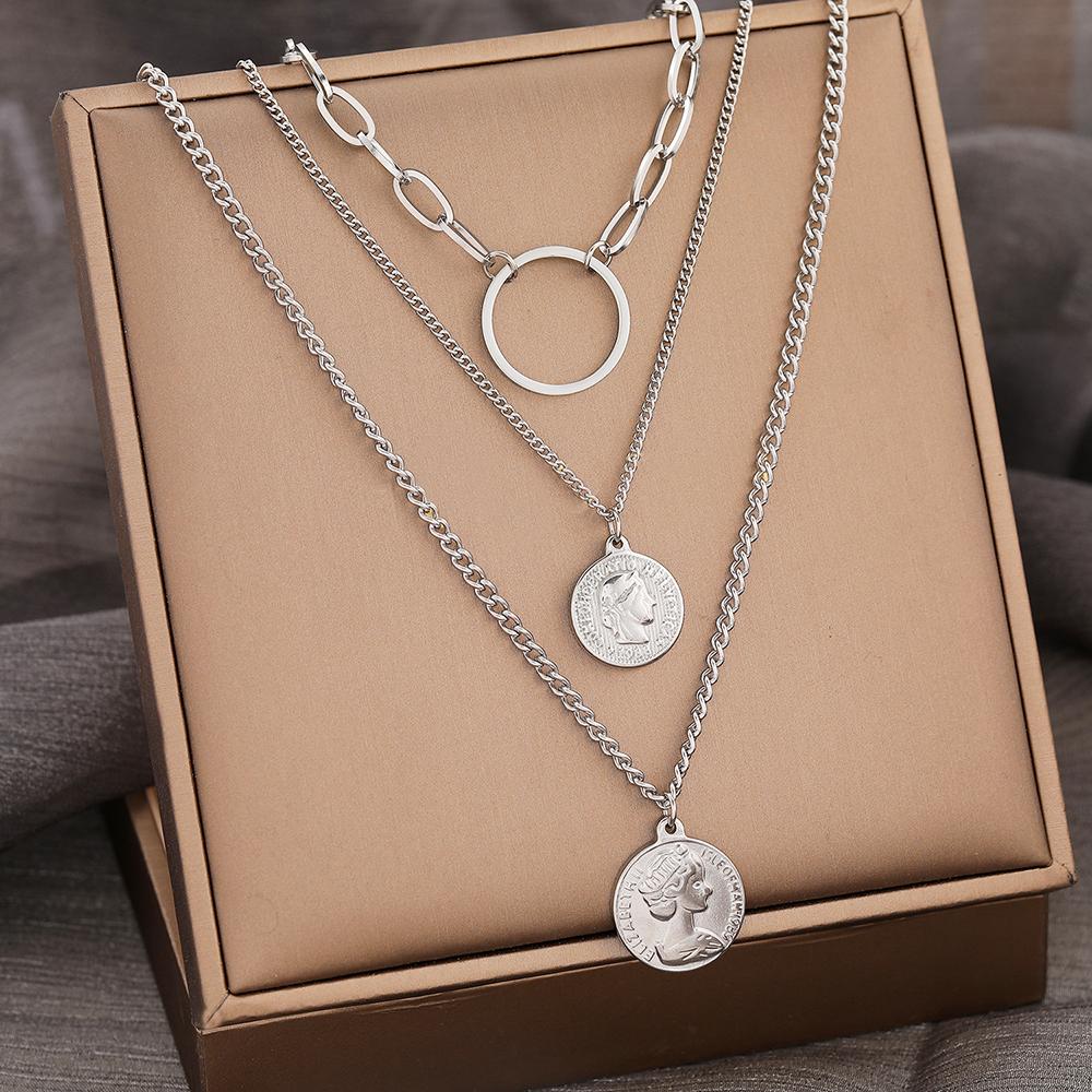 

Готический портрет королевы, подвески-монеты, гранж, Y2K, многослойная цепочка, хип-хоп ожерелье-чокер из нержавеющей стали для женщин, циркон