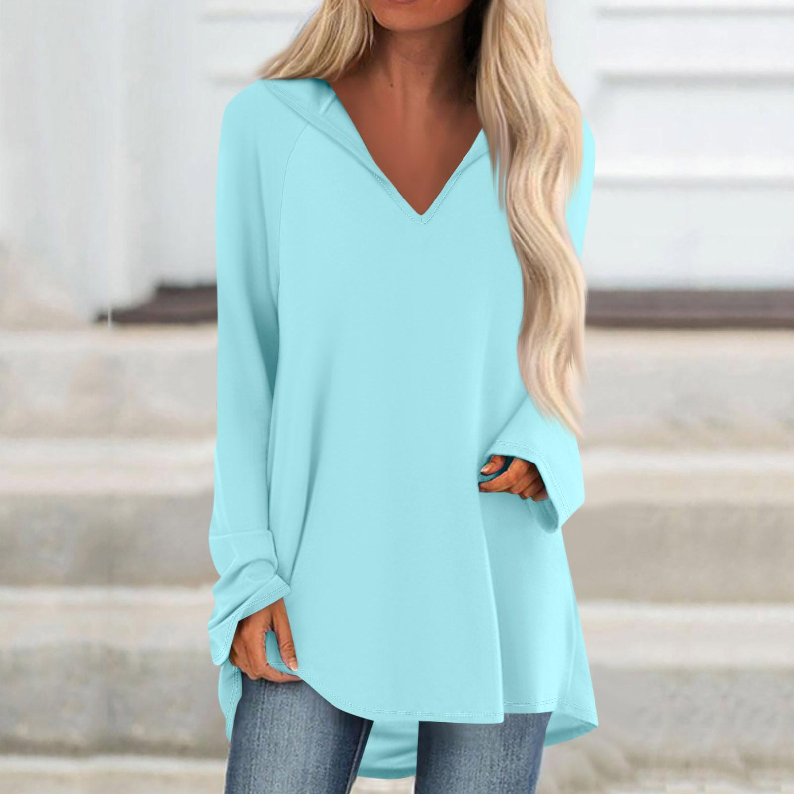 

Женские свободные топы с V-образным вырезом и капюшоном с длинными рукавами, повседневные топы, домашние пижамы для отдыха, топы L циан