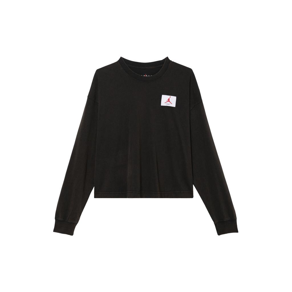 Jordan Essential Woven Logo Print Solid Color Crew Neck Pullover Long Sleeve Drop Shoulder T-Shirt Women T-Shirt Black CW6454-010
