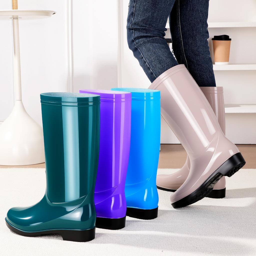 New high tube fashion rain shoes women's thick-soled non-slip and wear-resistant kitchen car wash rubber shoes velvet thermal overshoes
