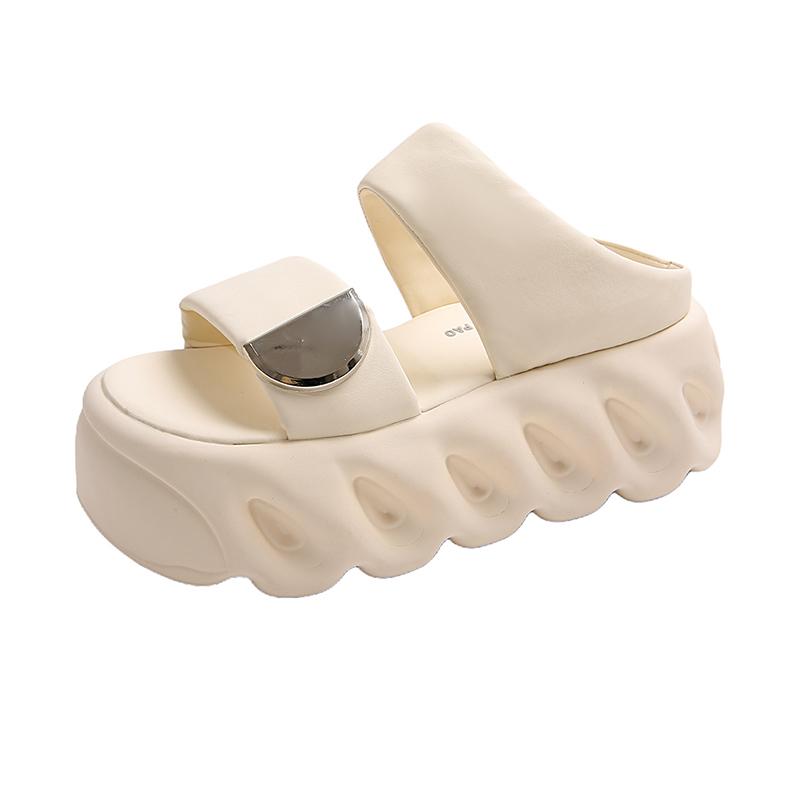 

Модные шлепанцы на высокой платформе 7,5 см Женские летние модные новые увеличивающие рост кожаные сандалии Повседневные мягкие шлепанцы на танкетке Каблуки Пляжная обувь 34 бежевый