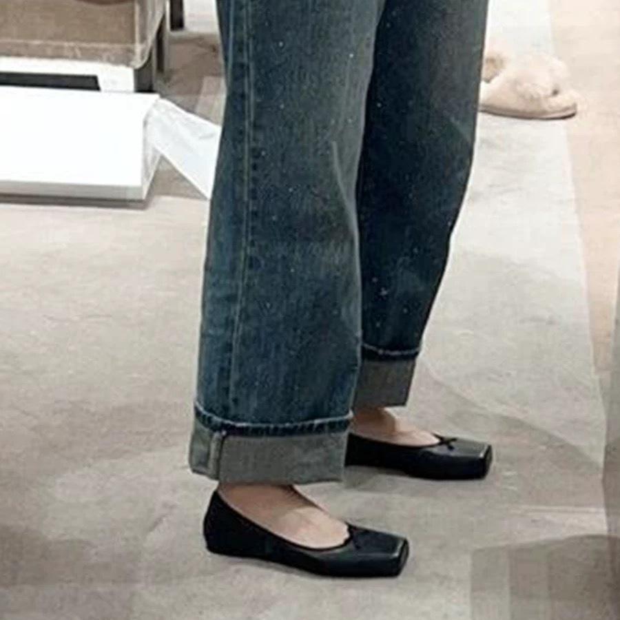 Genuine leather Korean version niche square toe shallow bow single shoes women's spring and autumn new versatile flat ballet shoes scoop shoes