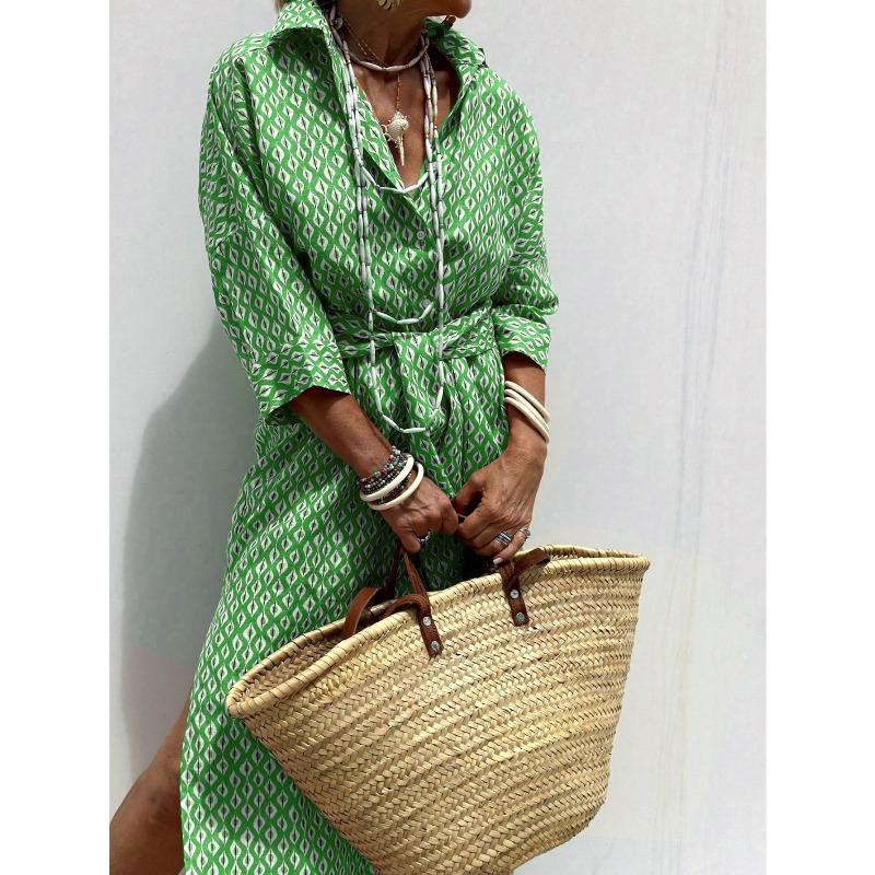 

women s Geometric Print Lapel Half Button 3/4 Sleeve Loose Shirt Dress Bohemian Casual Maxi Dress S зелёный