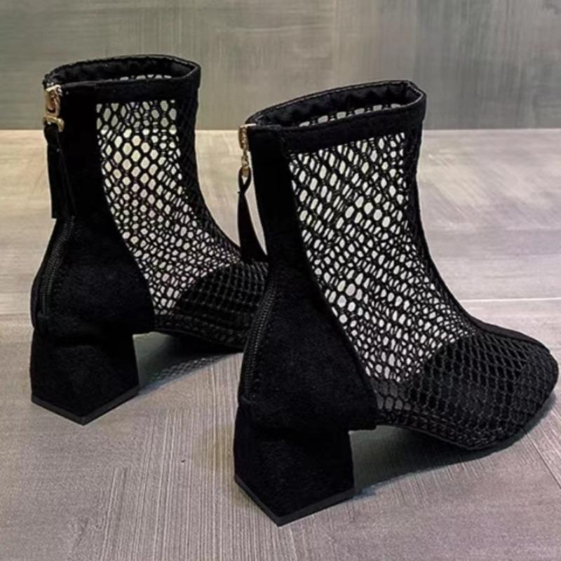 Fashion Mesh Square Heel Cooling Boots Summer New Thin Cutout Breathable Mesh Rear Zipper Round Toe Non-Slip Heel Booties