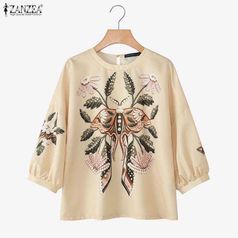 ZANZEA Camicetta casual da donna con scollo tondo e maniche a 3/4, ampia e stampata