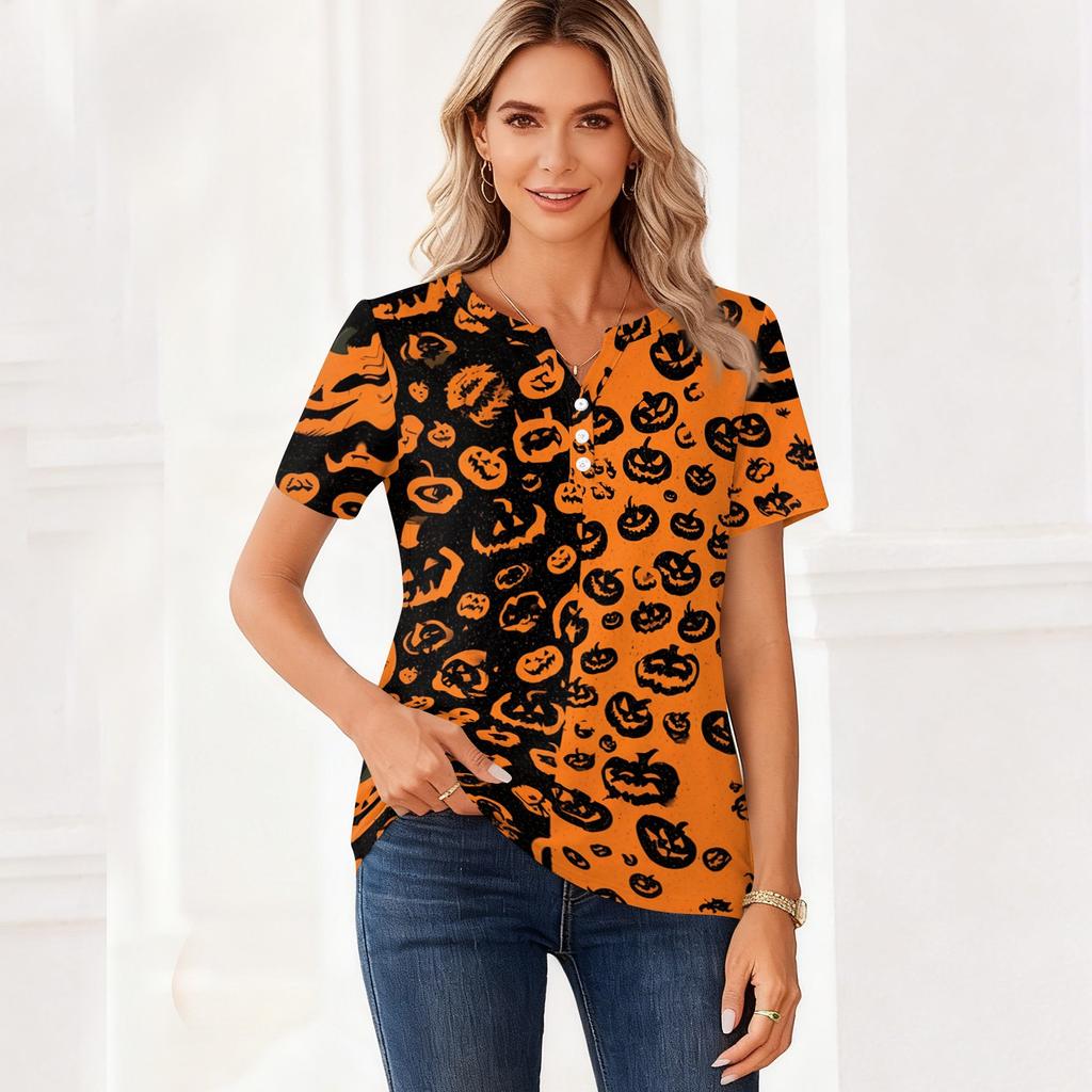 Womens Casual Halloween Print V Neck Short Sleeve Button Decor T Shirt Top Lightweight Comfortable Fit