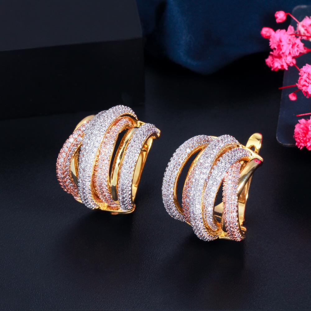 Earrings Three-Color Electroplating Micro-Inlaid Zircon Exaggerated Earrings Ear Buckles