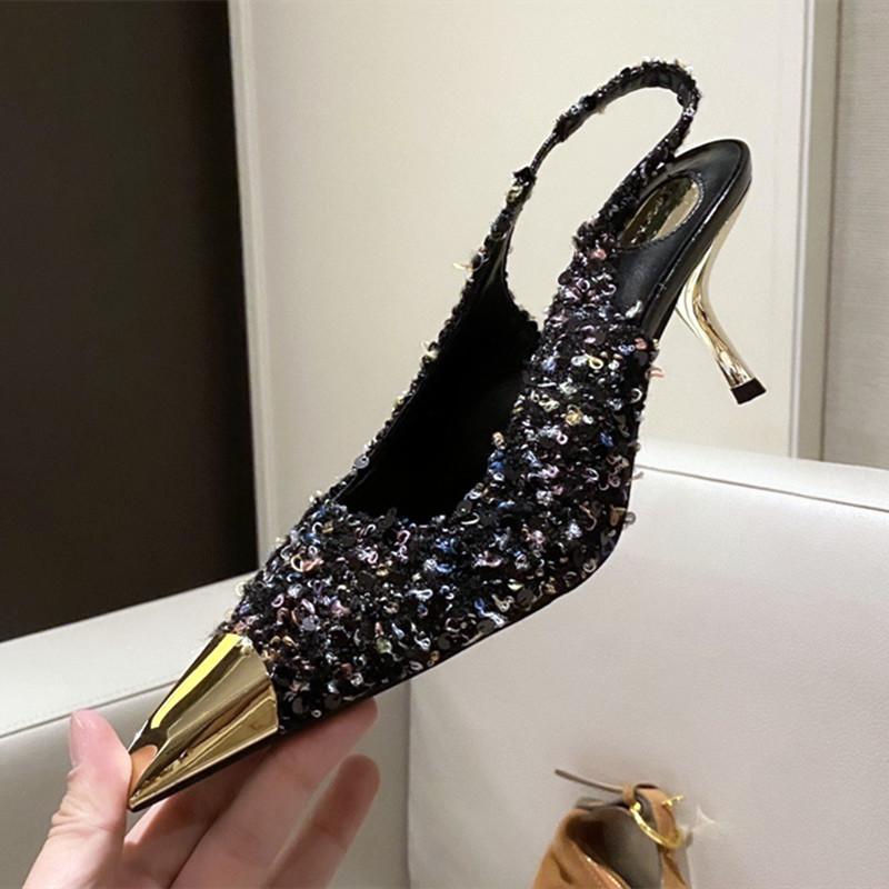 Fashion Luxury Designer Thin High Heels Women Sexy Metal Pointed Toe Heeled Sandals Summer Elegant Slingback Pumps Party Dress Shoes