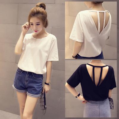 Women Solid Color Short Sleeve O Neck Backless Back Hollow Straps T-shirt Blouse