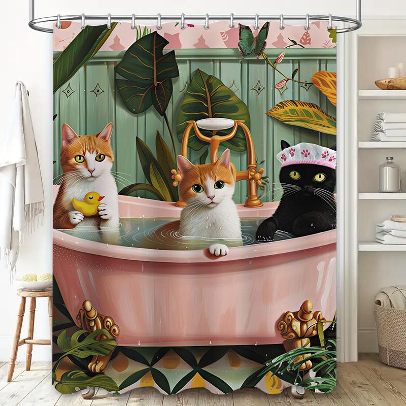 Pet Bathing Shower Curtain Adorable Dog Print White and Gray Polka Dot Design Non-slip Material for Safe Use in Bathroom