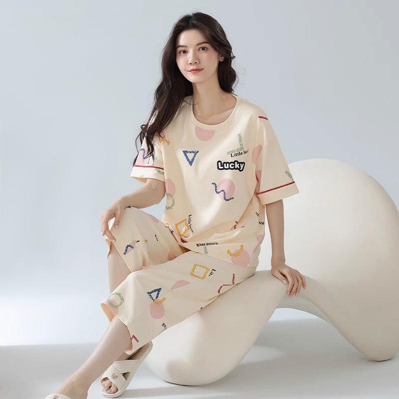 Summer Pure Cotton Pajamas Women's Pullover Sweet Casual Short-sleeved Cropped Pants Can Be Worn Outside Loungewear Student Dormitory Set