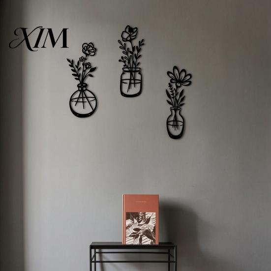 Entryway Corridor Decor 3Pcs Black Metal Flower Wall Decor, Rustic Farmhouse Boho Art, Vase Floral Hanging for Bathroom Kitchen Living Room